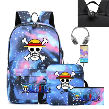 Цельный рюкзак 3шт USB Monkey D Luffy Для подростков, школьные сумки для ноутбуков, дорожные Женские Мужские повседневные сумки с замком An-ti
